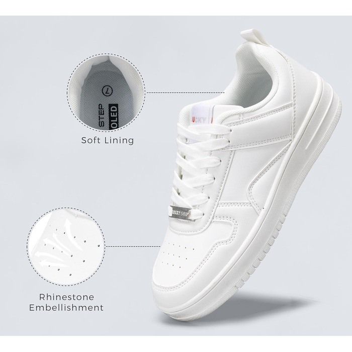 Жіночі кросівки LUCKY STEP з блискучими стразами, шкіряні низькі кросівки на шнурівці, зручні кросівки для ходьби, білі, 37 EU