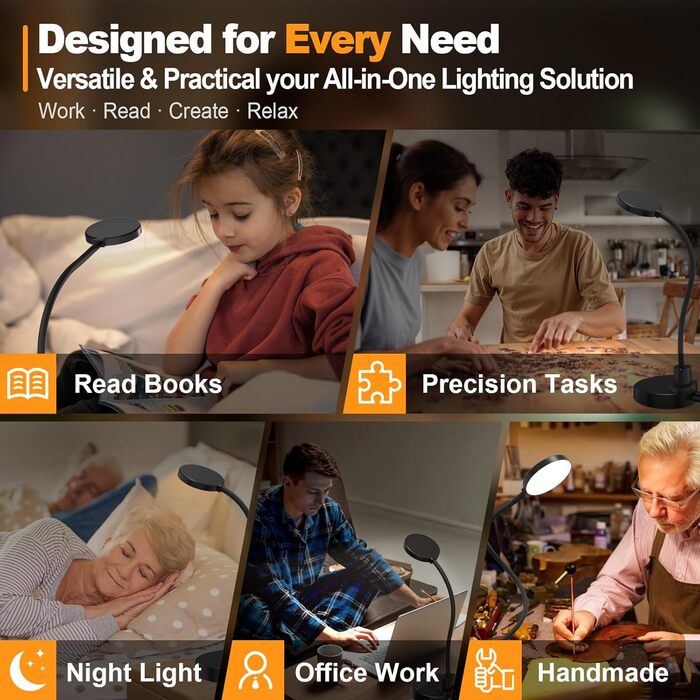 LED настільна лампа 15W з USB-A та USB-C, диммування, 3 колірні температури, 5 рівнів яскравості, таймер, гнусий 360° шийка, захист для очей, для офісу та спальні - Чорний, 3.5 дюйми