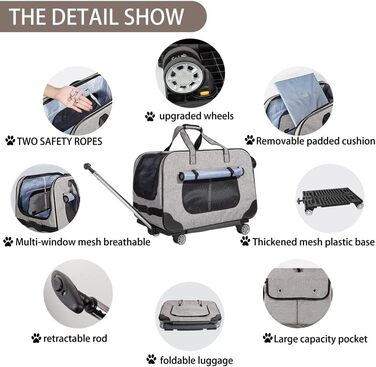 Переносний переноска для тварин з телескопічною ручкою, сіра. Ідеально для собак та котів, з колесами.