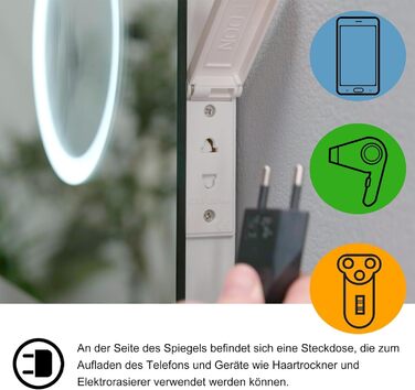 MIQU LED дзеркало для ванної кімнати з підсвічуванням 80x60 см, з розеткою, годинником, сенсорним керуванням, регулюванням яскравості, 3 кольори світла, антизапарник, збільшення, для ванної кімнати, туалету, коридору