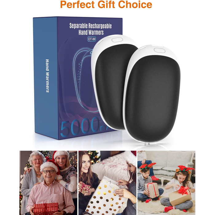 Jonwall Електричний підігрівач рук 2 шт. 5000mAh, перезаряджуваний, магнітний, USB Powerbank, подарунок для жінок та чоловіків, чорний