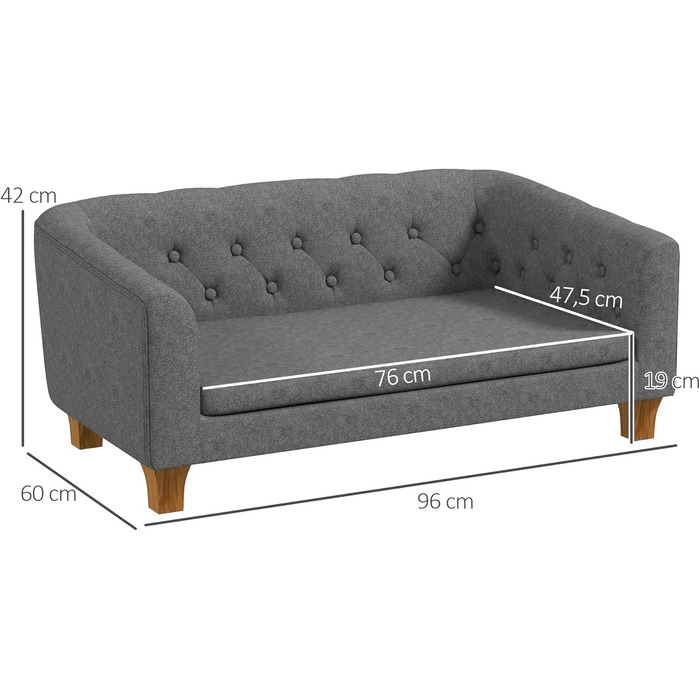 Диван для собак та котів PawHut, сірий, 96 x 60 x 42 см, з м'яким знімним подушкою