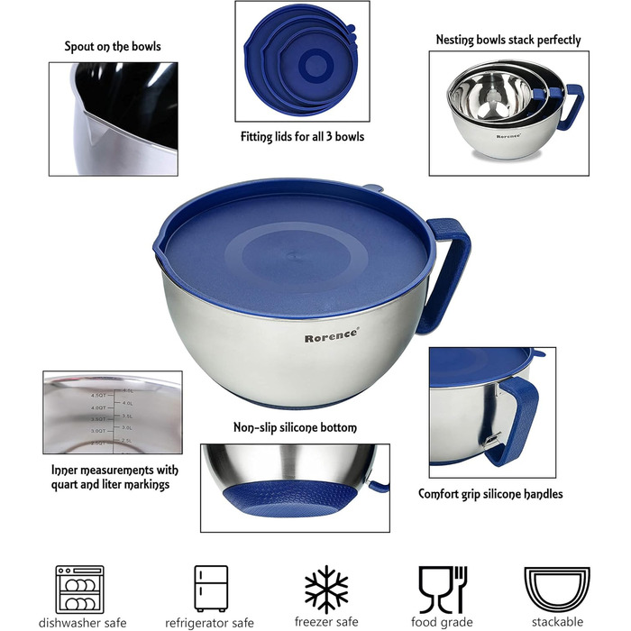Rorence Stainless Steel Mixing Bowls with Pour Spout, Handle, and Lid, 3-Piece Set, Blue