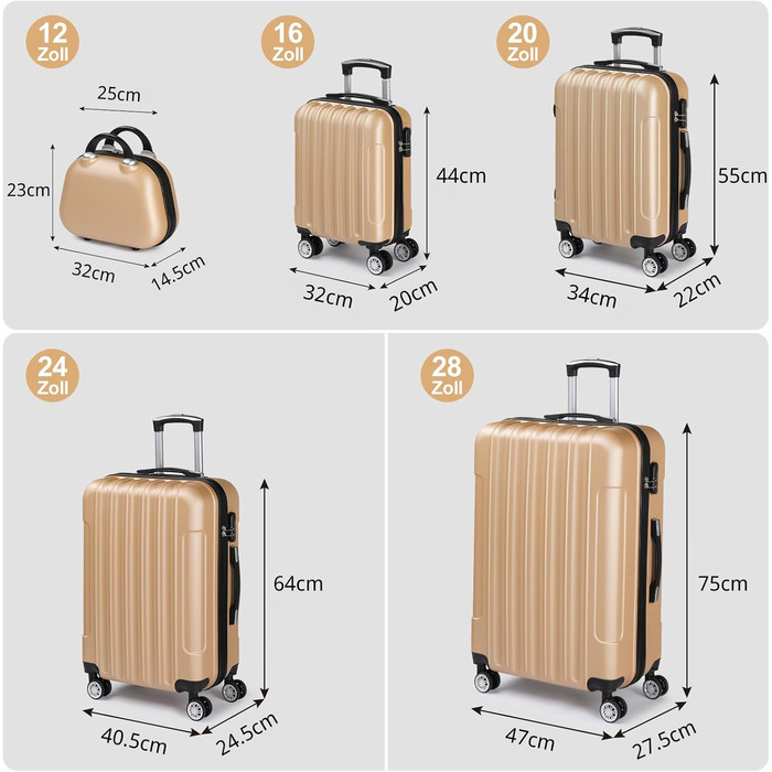 Набір валіз LEADZM 5 в 1: дорожній набір з косметичною сумкою, жорсткі валізи-троліки з ABS, телескопічний ручка, ручна поклажа (шампань)