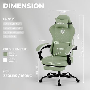 Геймерське крісло Ergonomischer Bürostuhl з підставкою для ніг та підтримкою попереку, регульоване по висоті для дому, офісу, кіберспорту та стрімінгу (Зелено-біле)