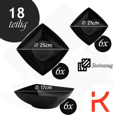 Набір посуду Konsimo для 6 осіб: 18-ти частинний набір тарілок EPIRI - сучасний сервіз з чорного матового фарфору для сім'ї