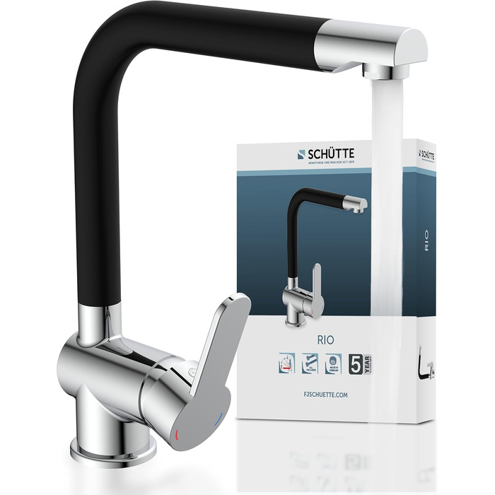 Шутер кухонний змішувач RIO 360° (хром/чорний мат), поворотний вилив, для однієї/двох мийок