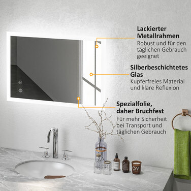 Дзеркало для ванної кімнати Kleankin з LED-підсвіткою 70x50 см, сенсорне управління, функція пам'яті, антизапарник, 3 кольори світла, водонепроникність IP44