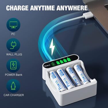Зарядний пристрій POWXS для акумуляторів NI-MH NI-CD AA AAA з LCD-дисплеєм, універсальний, Micro USB & Type-C, безпечний
