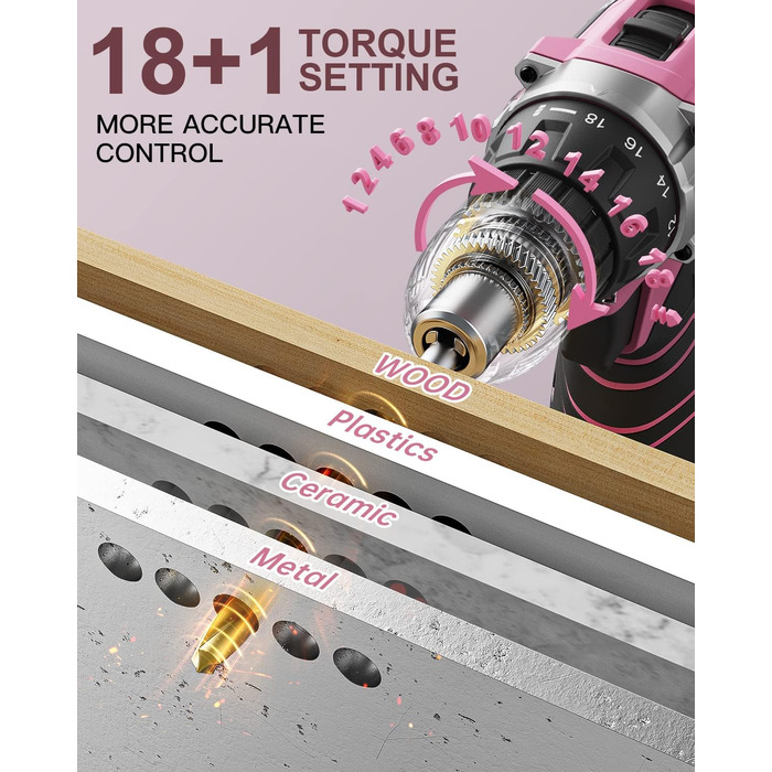 Акумуляторний шуруповерт 12V з набором 2000mAh, 24 шт. аксесуарів та кейсом, 25Nm, 2 швидкості, 25+1 момент, 10мм патрон, LED, рожевий