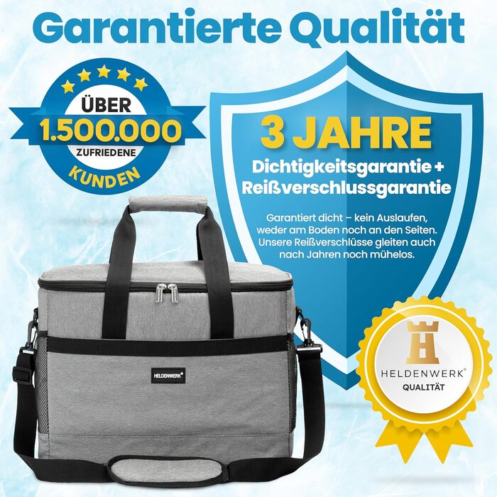 Термосумка HELDENWERK 40L з 7 відділеннями – велика, складна, для пікніка, ланчу, виїздів, сірого кольору, 12 годин охолодження, витримує 40L, з посиленим дном
