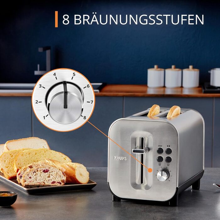 Krups KH682D Excellence Toaster | 8 Browning Levels | 4 Functions | 2-Slice Toaster | Lift Function | Removable Crumb Tray | 850 Watt | Brushed Stainless Steel