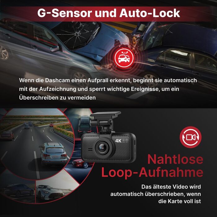 Відеореєстратор Miofive 4K Auto GPS WiFi Bluetooth з дисплеєм 3 дюйми, Нічне бачення, HDR, Loop-запис, підтримка до 512GB, з SD-карткою 32GB