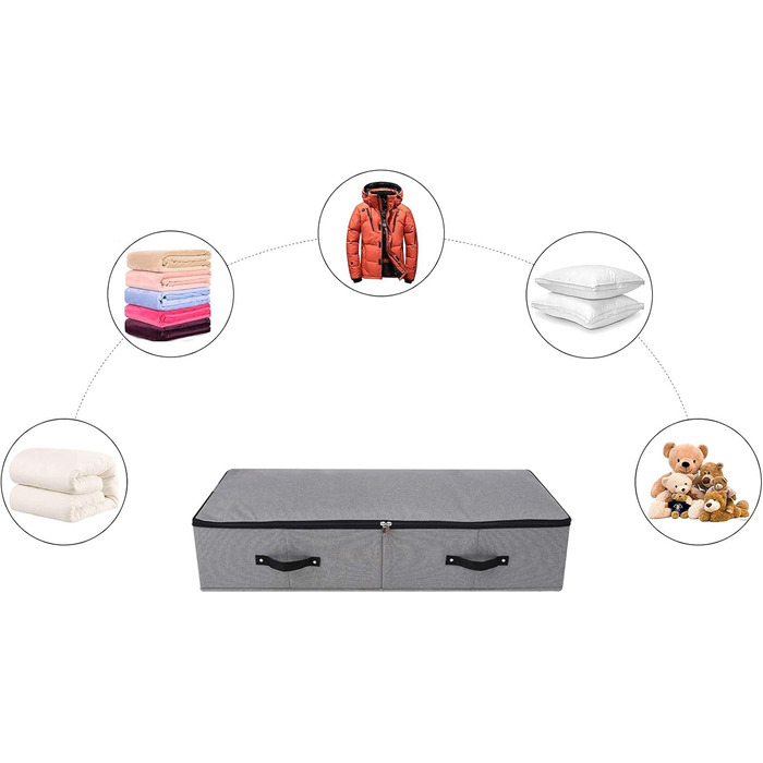 Складана коробка для зберігання під ліжком з ручкою, блискавкою, для ковдр, одягу, постільної білизни, 90×42×18 см, чорно-сіра