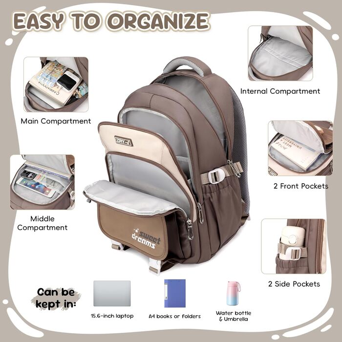 Шкільний рюкзак для дівчаток (3-7 клас), 36L з сумкою через плече, стильний рюкзак-рюкзак для підлітків (колір: коричневий)
