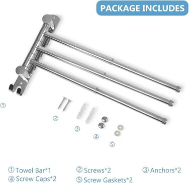 Тримач для рушників JSVER поворотний на 180°, з нержавіючої сталі 304, 3 висувні ручки до 50 см, для кухні, ванної кімнати, гардеробу, сріблястого кольору