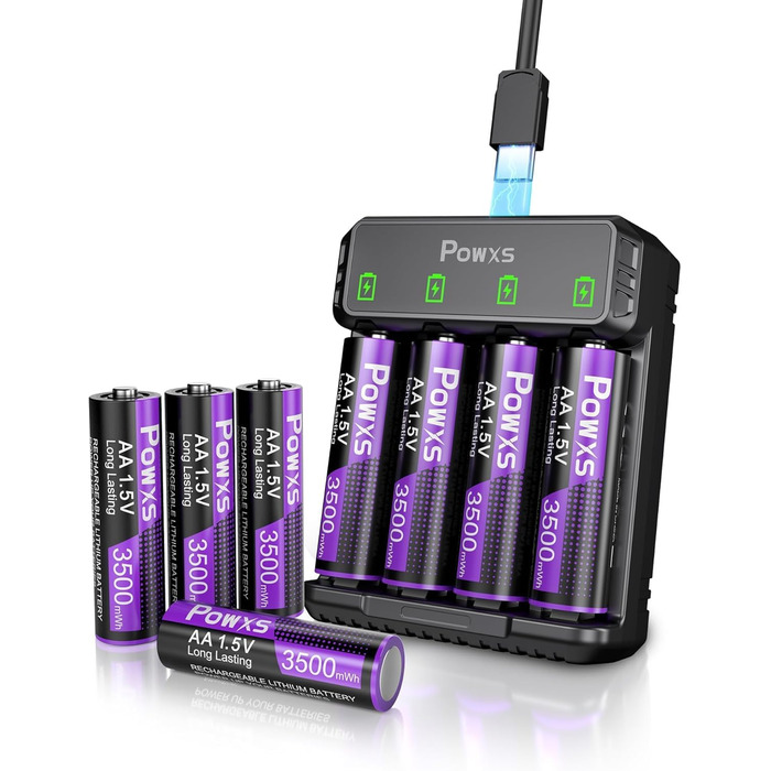 Акумулятори POWXS 8x 3500mAh AA Lithium з 8-порідним швидким зарядним пристроєм з LCD-дисплеєм | Швидка зарядка та стабільна напруга 1.5V | Для геймпадів, LED-ліхтарів, пультів дистанційного керування