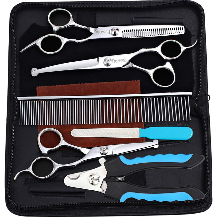Freewindo Dog Grooming Shears - Rounded Tip Stainless Steel - Dog Trimming Scissors & Nail Clippers for Full Body Care