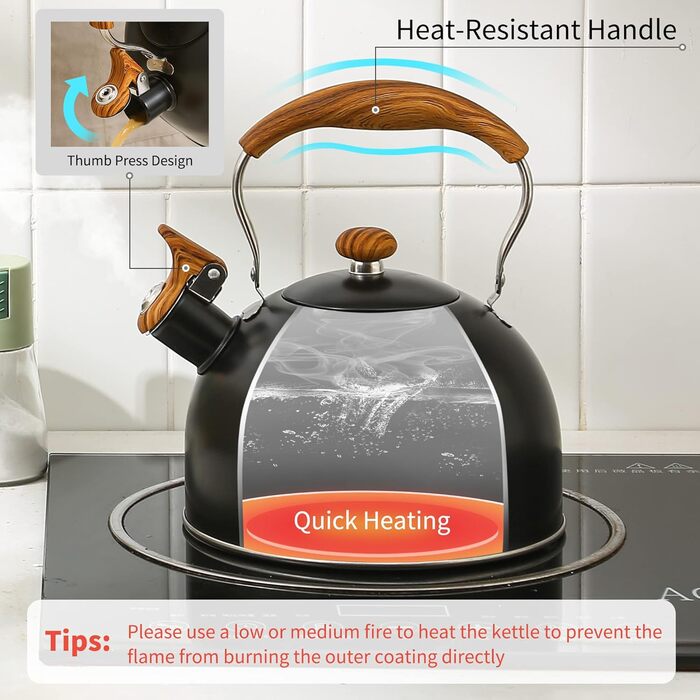 Чайник для плити LONFFERY 2.5л з свистком, з нержавіючої сталі, з дерев'ястим декором, складна ручка, кремово-білий/білий (чорний)