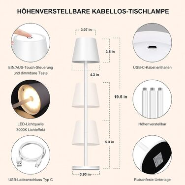 LED настільна лампа акумуляторна бездротова з сенсорним керуванням, USB-C, димування, 3 режими світла, регульована висота, IP54 водонепроникна для ресторану, спальні, бару, вулиці - біла