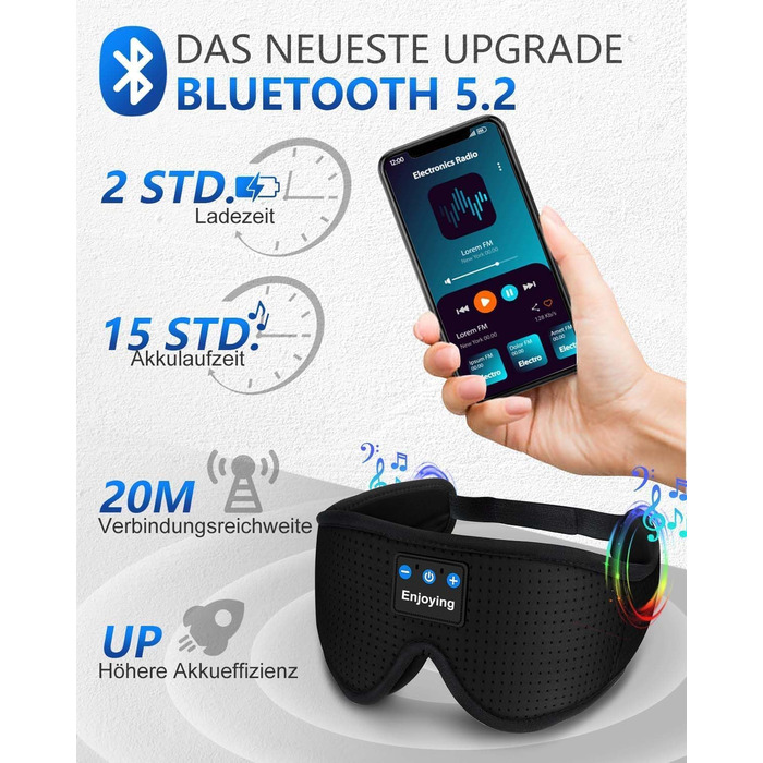Маска для сну з Bluetooth навушниками 3D, чорна. Блокує світло, з мікрофоном, для сну та подорожей, унісекс.