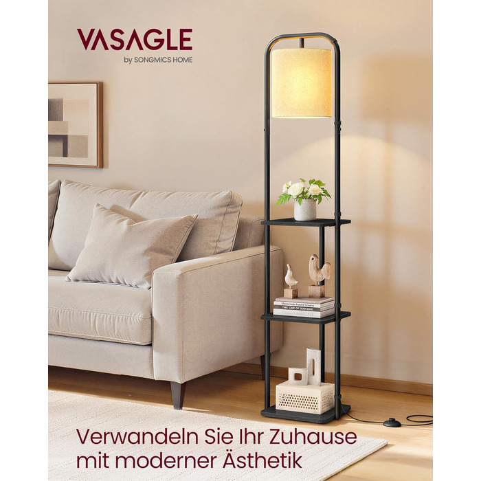 Торшер VASAGLE з поличкою, LED-лампою, тканинним абажуром, сталевий каркас, чорний - LFL001BD02