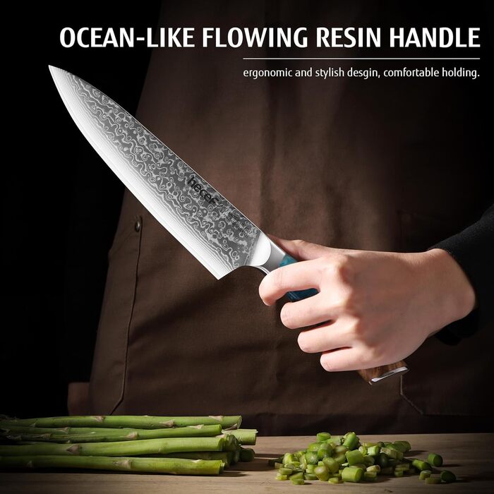 Японський ніж Hecef Damast 20 см з ручкою з харчової смоли: професійний кухонний ніж з дамаської сталі 67 шарів, з захистом для леза, подарунок для шеф-кухаря