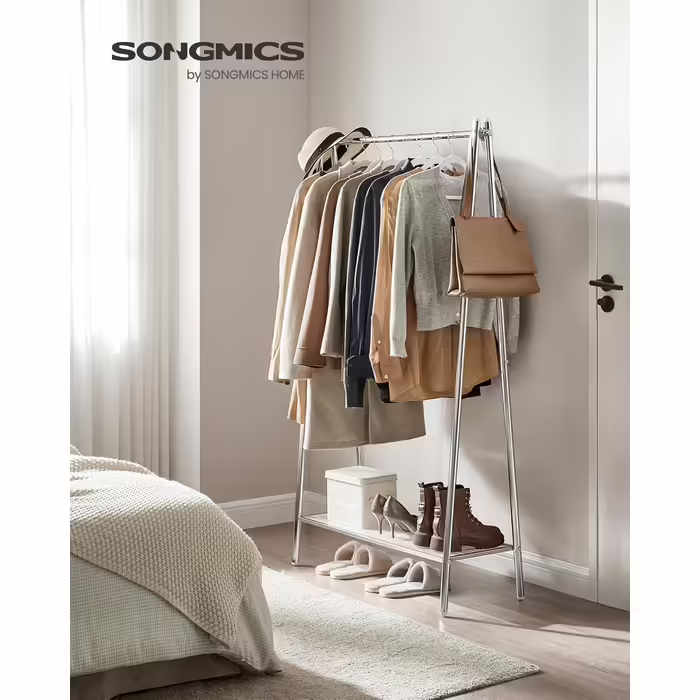 SONGMICS Clothes Rack, Coat Rack, Wardrobe, Clothes Storage, Steel Frame, with Rod and Shelf, 33.5 x 92.5 x 153 cm, for Bedroom, Hallway, Laundry Room, White HSR023W01 (Silver)