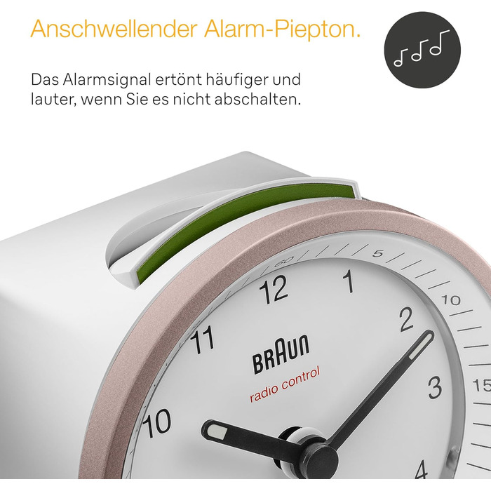 Classic analog radio alarm clock by Braun for the Central European Time zone (CET/GMT+1) with snooze function, lighting, quiet movement, crescendo alarm in white and rose, model BC07PW-DCF