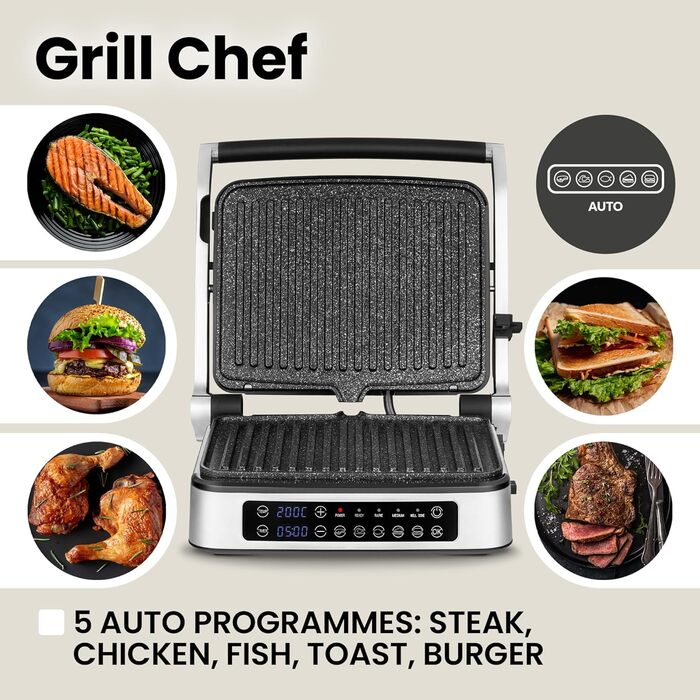 Grill Chef Electric Contact Grill and Sandwich Toaster 2100W, Removable Heating Plates, 2in1, 180° Foldable, Non-Stick Coating, Drip Tray, Acoustic Notifications (SILVER)