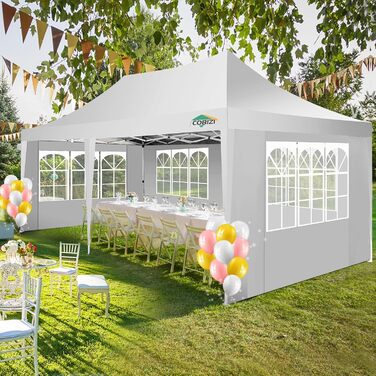 COBIZI Pavilion 3x3 Waterproof Stable Winter-Proof Party Tent 3x3 with 4 Side Walls Pop Up Folding Pavilion UV Protection 50+ Garden Pavilion With Handbag, 8X Pegs and 4X Wind Rope, (White, 3x6 m)