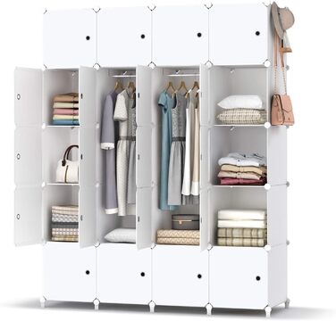 HOMIDEC Wardrobe, Portable Shelving System, 20-Cube Closet Organizer made of Plastic with 2 Clothes Rods, Bedroom Wardrobe Closet White for Bedroom, 180 x 142 x 45cm