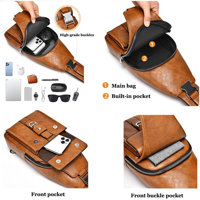 Чоловіча шкіряна сумка через плече, нагрудна, водонепроникна, для подорожей, велоспорту, кемпінгу (темно-коричнева)