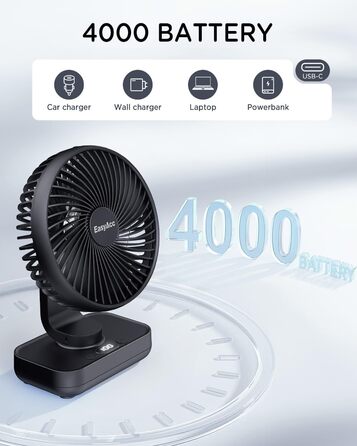 Портативний USB-вентилятор EasyAcc з акумулятором 4000 мАг, настільний зарядний вентилятор з 4 швидкостями та функцією обертання для офісу, дому та кемпінгу, чорний