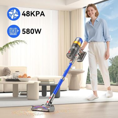 Акумуляторний бездротовий пилосос 580W 48000Pa з дисплеєм, контейнером 1.6Л та антизаплутувальною щіткою для килимів, твердих підлог та шерсті тварин