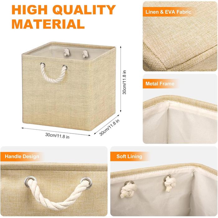 RIWNNI Storage Box Fabric 30x30 [4-Pack], Foldable Storage Box for Fabric, Ideal for Kallax Shelves, Bedroom, Kids' Room - (Beige)