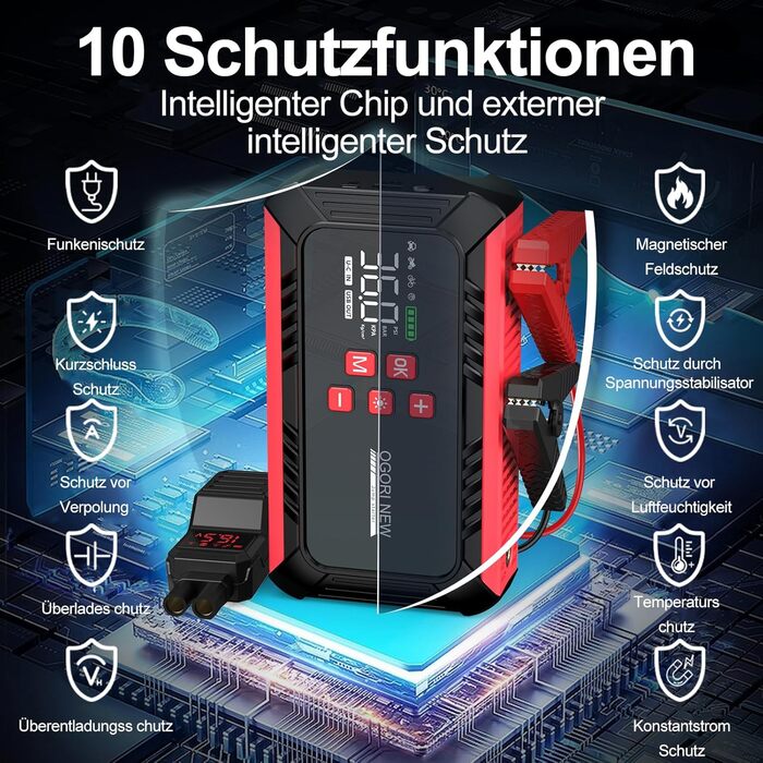 Портативний акумулятор для запуску авто 7000A з компресором 150PSI, 12V. Запуск бензинових (8л) та дизельних (10л) двигунів, прикурювач, LED ліхтарик.