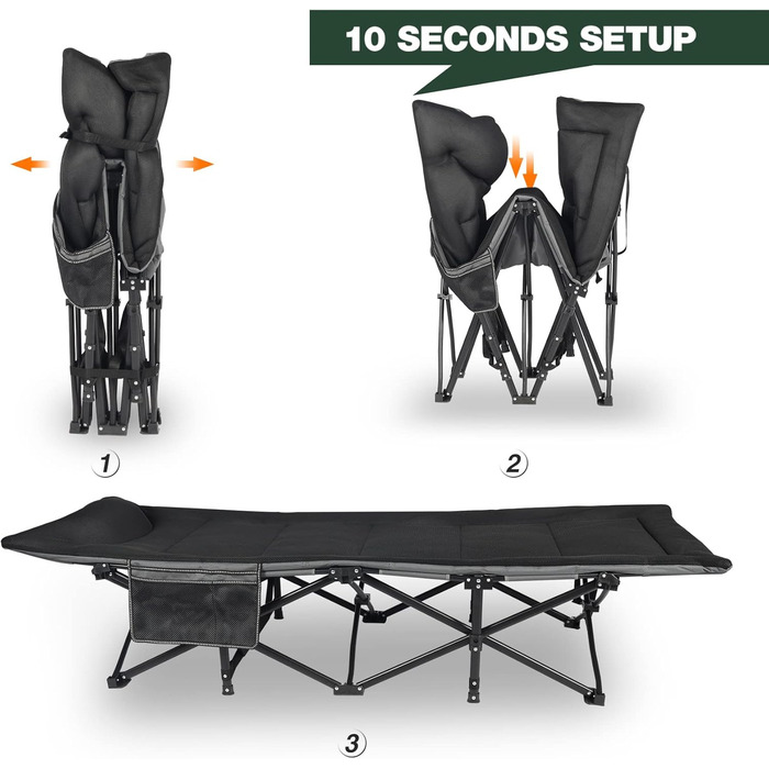 Кемпінгове ліжко REDCAMP XL з матрацом для дорослих, 226 кг, широке, розкладне, для відпочинку на природі, для гостей, для офісу, чорне