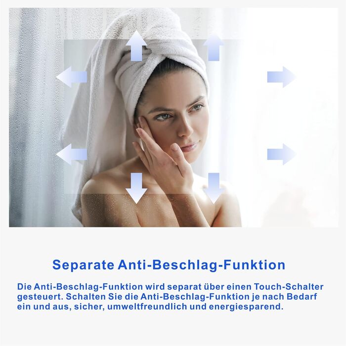 Дзеркало для ванної кімнати AQUABATOS з підсвічуванням 100x70 см LED, антизапарник, сенсорне управління, 3 кольори світла, регулювання яскравості, для настінної установки