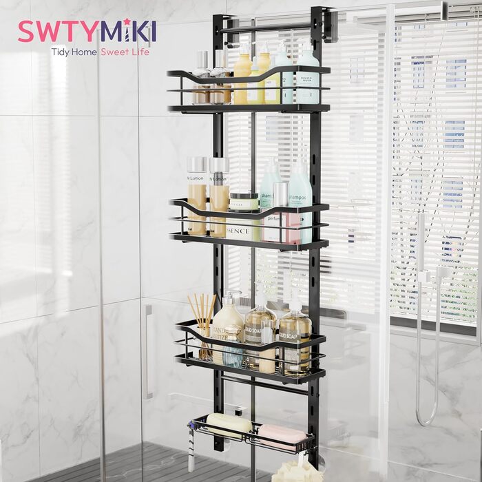 Підвісна полиця для душу SWTYMIKI (4 яруси, чорна) — Регульована органайзер-стійка з нержавіючої сталі без свердління для скляних дверей, з гачками та тримачем для мила