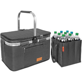 Foldable Shopping Basket 35L + Bottle Bag with 9 Compartments for Bottles up to 1.5L | Set of Large Insulated & Waterproof Cooler Bag + Bottle Basket: Lunch Bag, Bottle Carrier, Thermos Bag, Bottle Bag (Grey)