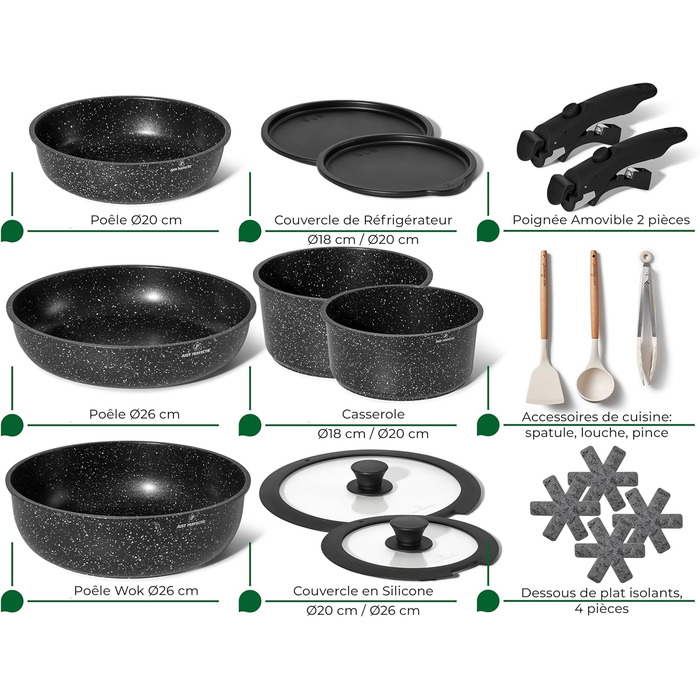 Набір кухонного посуду Just Perfecto 18 предметів з антипригарним покриттям, знімні ручки, для всіх типів плит (індукція), без PFOA, чорний