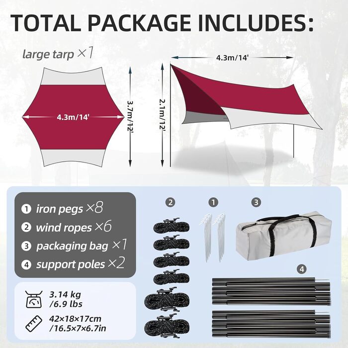 Тент Forceatt Zeltplane 3.7x4.3 м, Ultraleicht, 6 кріплень, Анти-UV, Водонепроникний. Для кемпінгу, піших прогулянок та відпочинку на природі. Темно-синій & сірий (Червоний & сірий)