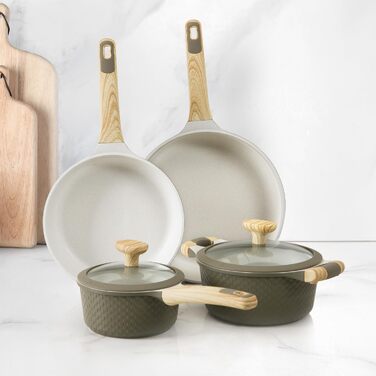 Набір посуду KASANOVA Bambù з антипригарним покриттям, 6 предметів (зелений/кремовий), для індукційних плит, з кришками зі скла