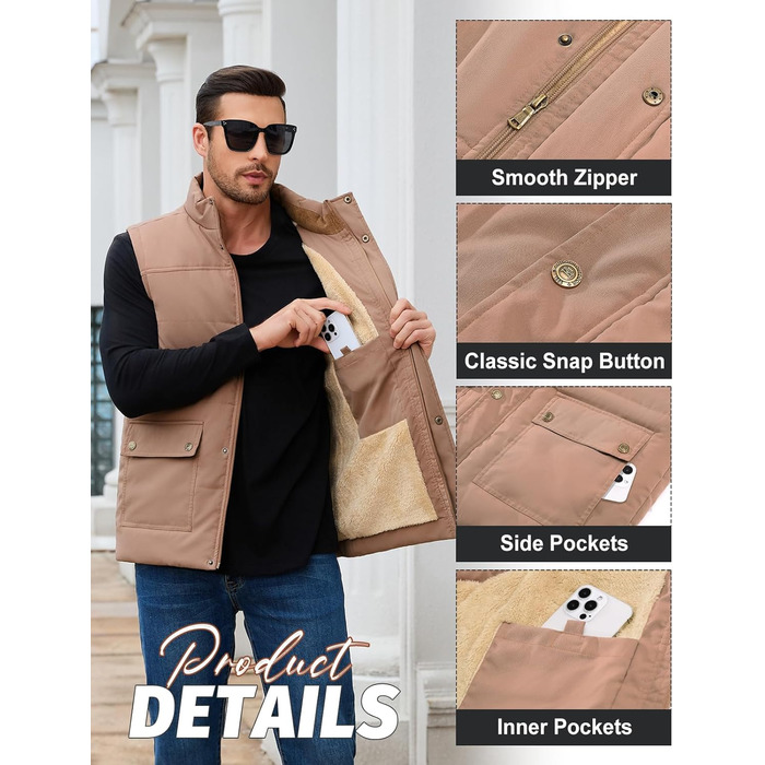 Xnova Тепла зимова жилетка для чоловіків з флісовою підкладкою Sherpa, жилетка-куртка, для полювання, роботи, на відкритому повітрі, хакі, розмір L