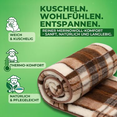 Плед з мериносової вовни, 240x200 см - теплий та м'який плед з 100% вовни мериноса, великий та пухнастий, вага 500 г/м², дихаючий матеріал, коричневий