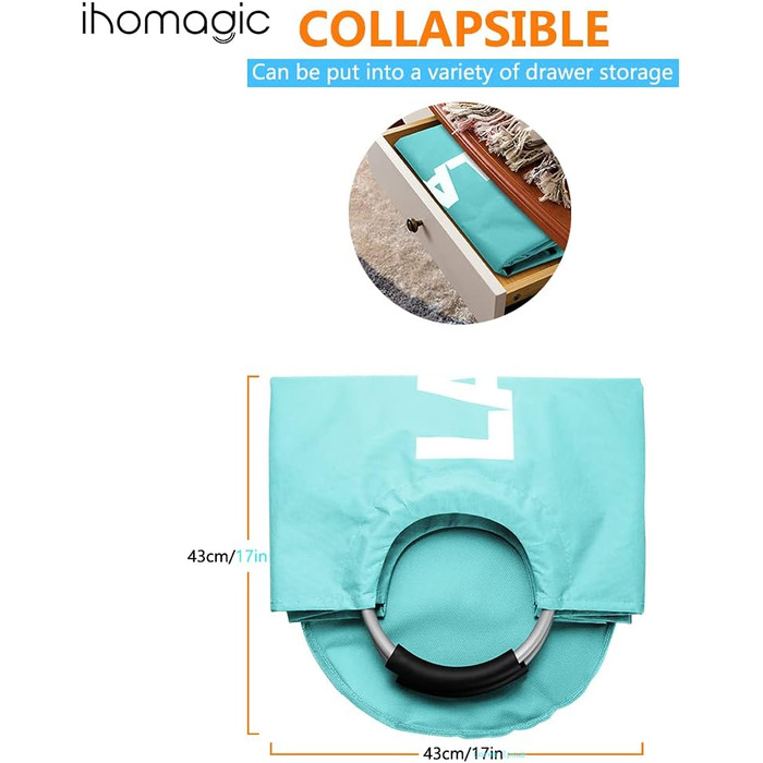 IHOMAGIC Великий кошик для білизни 120 л, складаний, з ручками, для подорожей, мішок для прання, зберігання одягу, XL, синій, 43x43x79 см