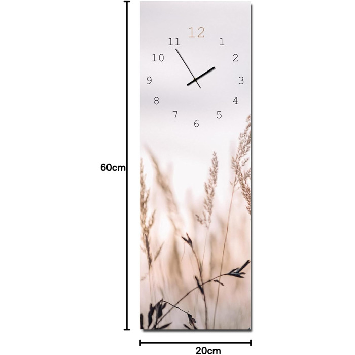 Скляний настінний годинник Calm Grasses 20x60 см безшумний, металеві стрілки, для вітальні та спальні, натуральний дизайн з рослинами, вироблено в ЄС
