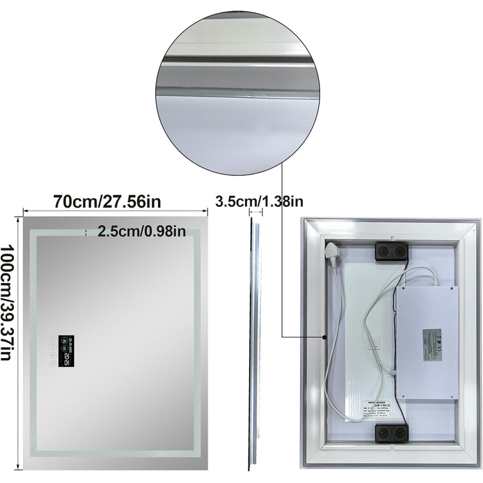 Дзеркало для ванної кімнати LUVODI з підсвічуванням Bluetooth: 100x70 см, годинник, температура, дата, антизапар, регулювання яскравості, 3 кольори світла, функція пам'яті, водонепроникне LED дзеркало для ванної кімнати