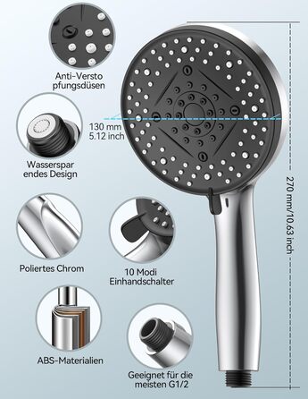 Насадка для душу VOXON з 10 режимами, високий тиск, економія води, для чищення ванни та плитки